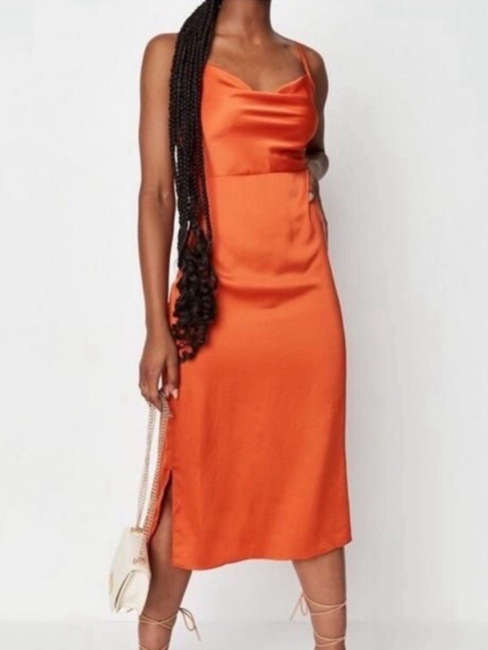 Satin Cowl Neckline Spaghetti Strap Midi Dress